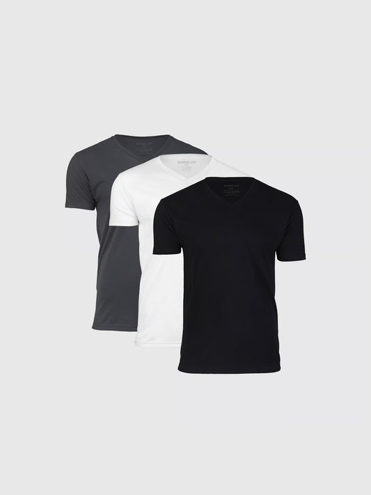 black, white and charcoal classic cut v-neck plain t shirt 3-pack